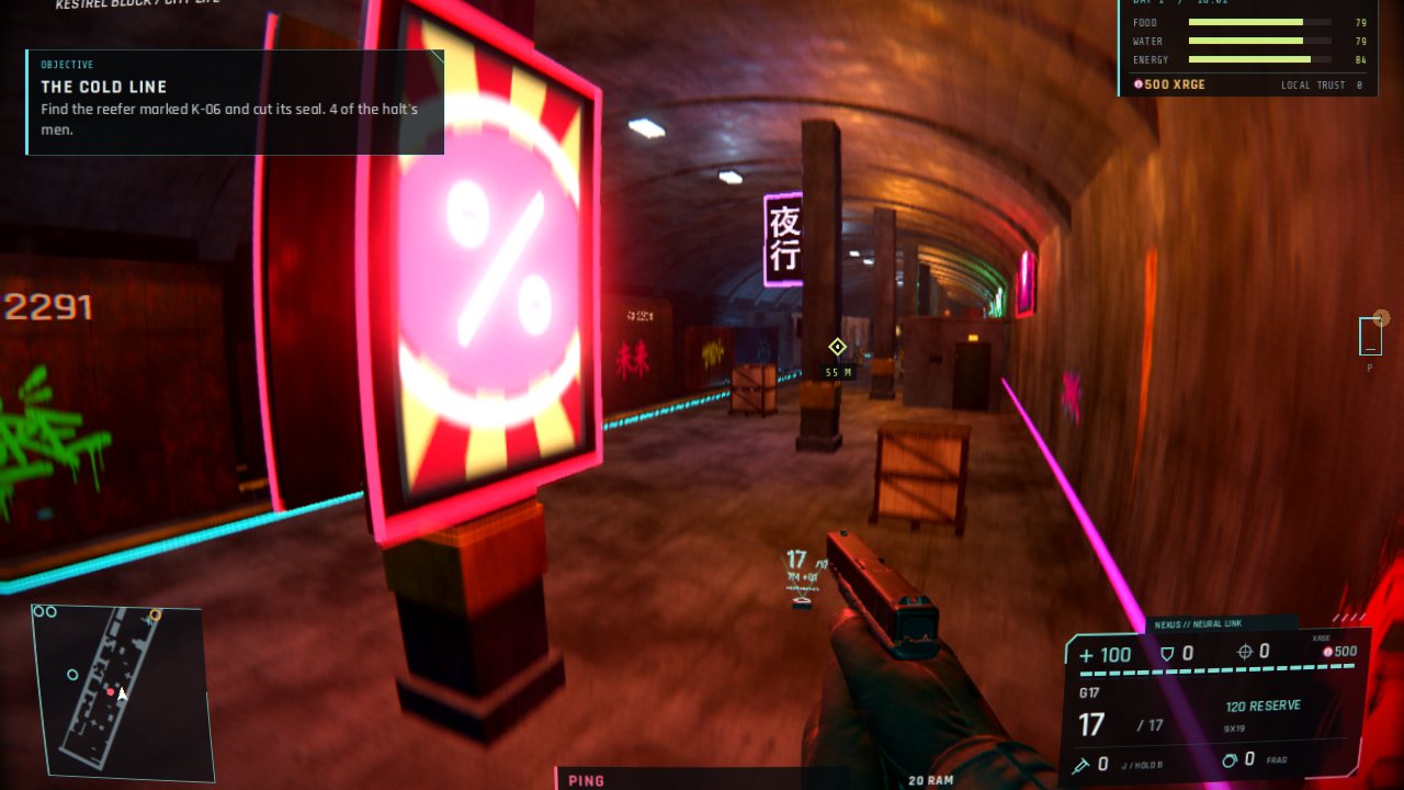 Halt 14: a tunnel platform with a neon advert and graffiti