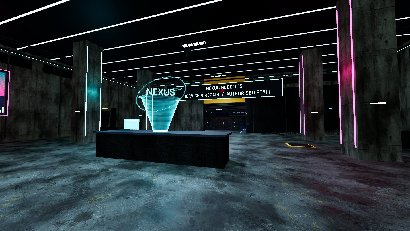 The NEXUS lobby: a holographic reception desk under neon lines
